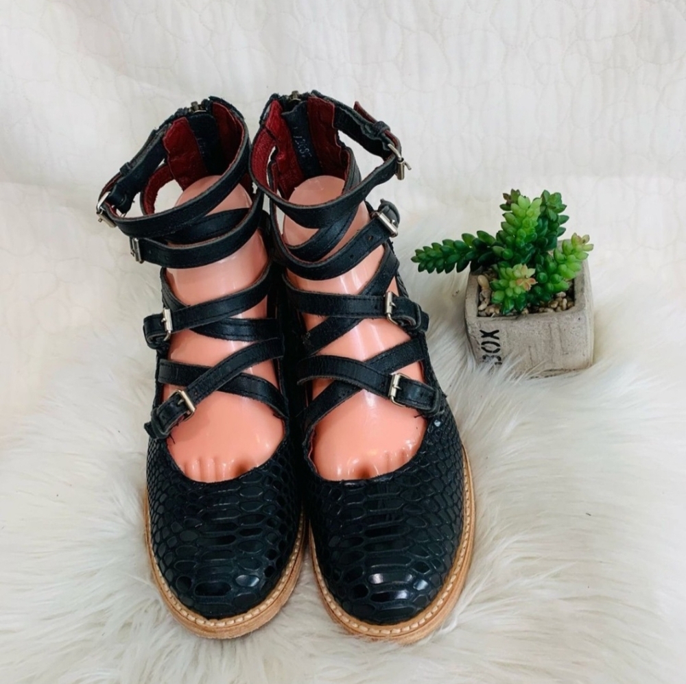 RETIRED Freebird Marcel Black Snake Mary Jane Flats Sz8